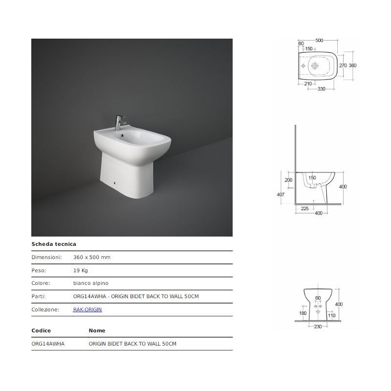 BIDET RAK ORIGIN FILO PARETE BIANCO