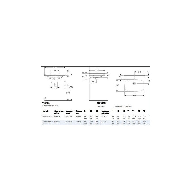 Lavabo simmetrico Acanto cm. 60 Geberit