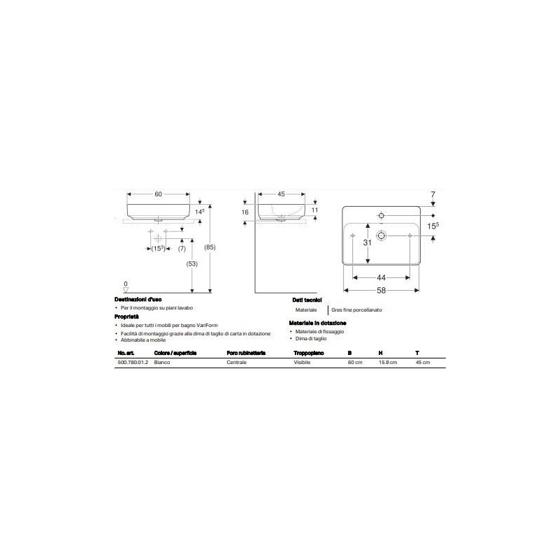 Lavabo simmetrico Variform cm. 60 x 45 Geberit