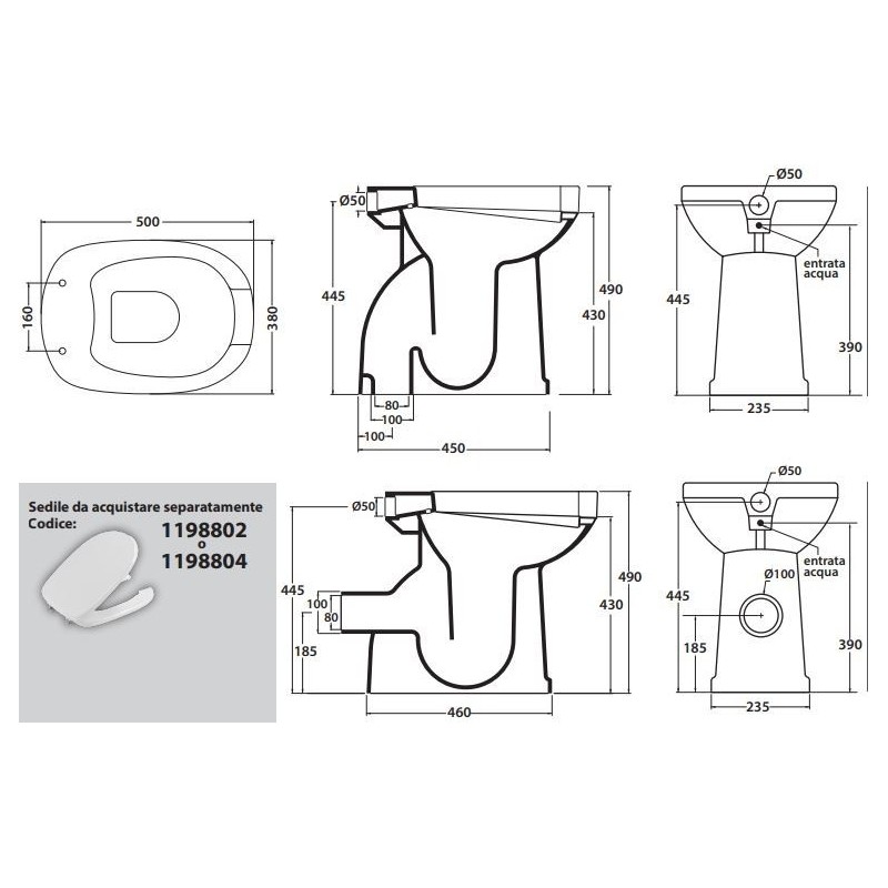 VASO BIDET DISABILE COMFORT CON EROGATORE  SCARICO PAVIMENTO