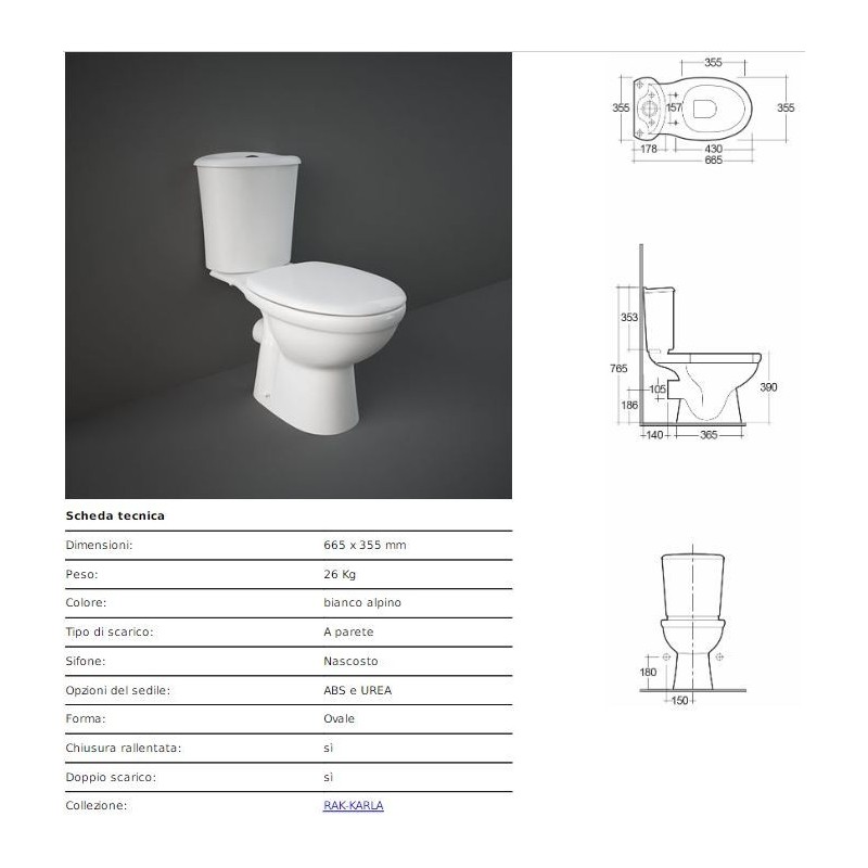 VASO KARLA RAK SCARICO PARETE  MONOBLOCCO BIANCO