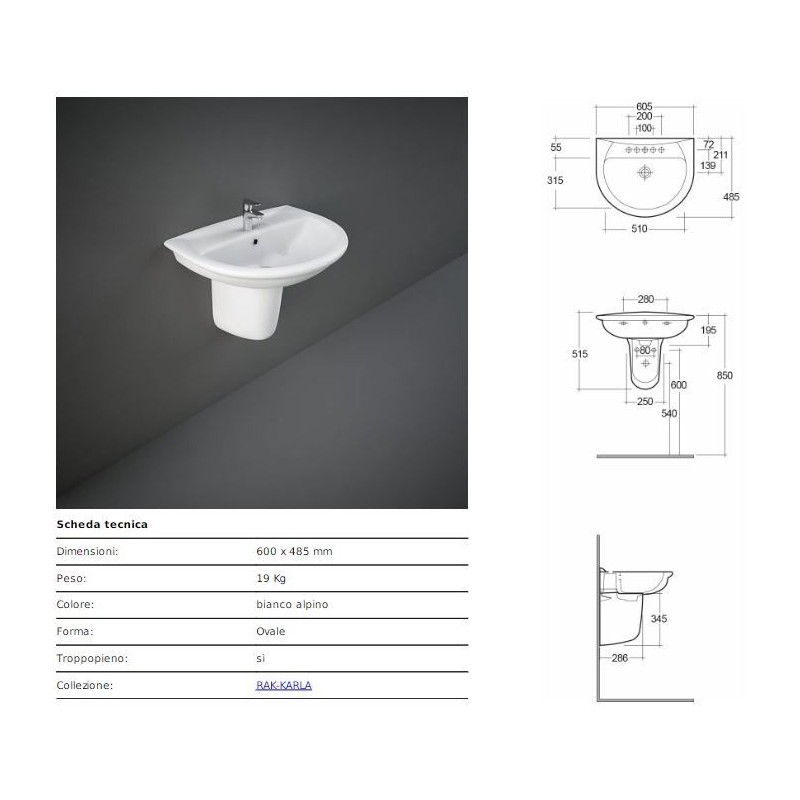 LAVABO KARLA RAK CM 60X48,5 BIANCO