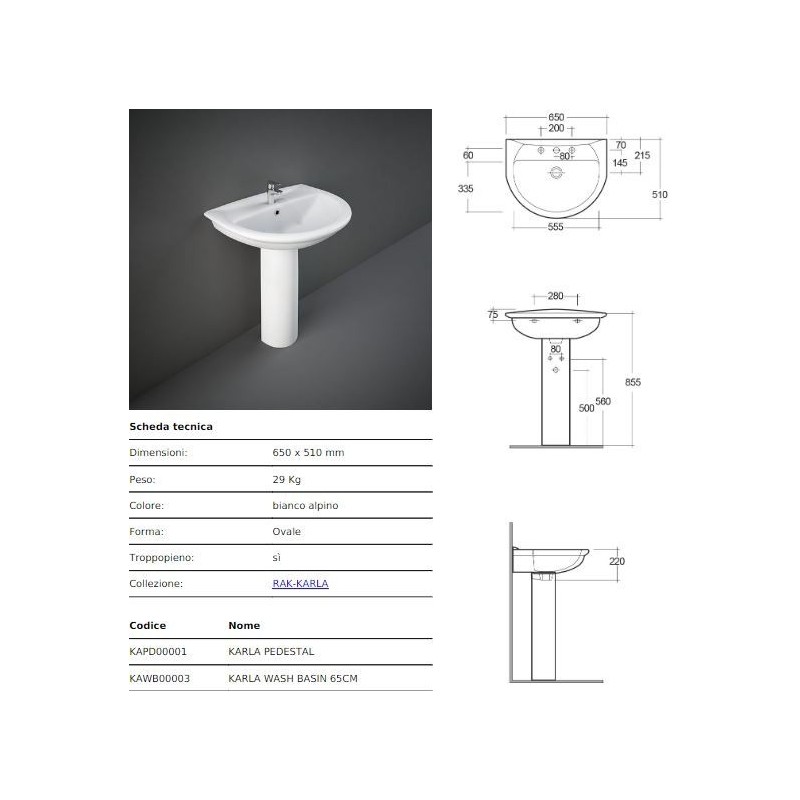 LAVABO KARLA RAK CM 65X51 BIANCO