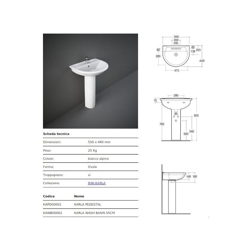 LAVABO KARLA RAK CM 55X44 BIANCO