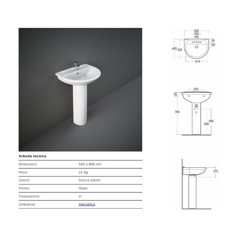 LAVABO KARLA RAK CM 50X40,6 BIANCO