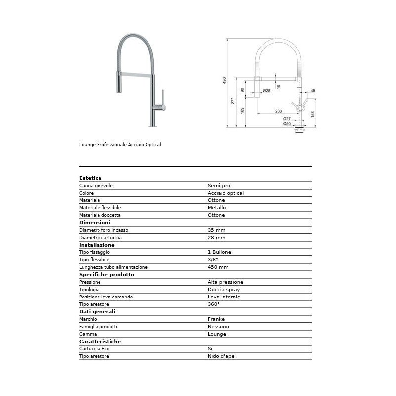 MISCELATORE LAVELLO LOUNGE PROFESSIONALE DOCCIA ESTRAIBILE 115.0197.375 ACCIAIO OPTICAL FRANKE
