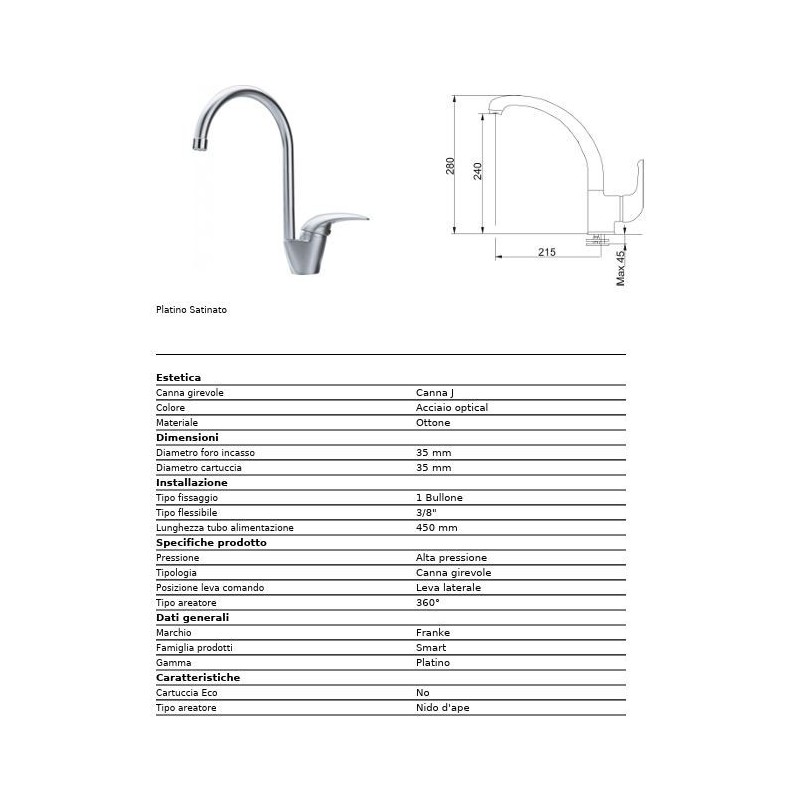 MISCELATORE LAVELLO PLATINO 115.0029.587 CROMO SATINATO FRANKE