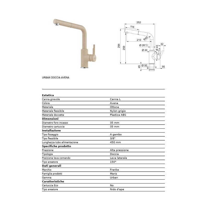 MISCELATORE LAVELLO URBAN DOCCIA ESTRAIBILE 115.0595.085 AVENA  FRANKE