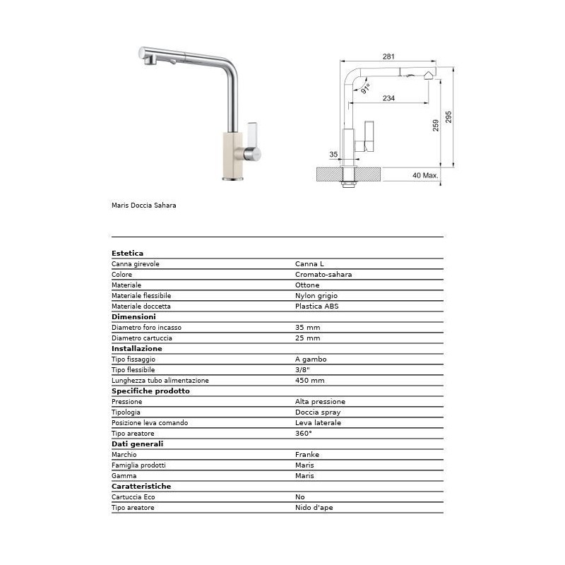 MISCELATORE LAVELLO MARIS DOCCIA ESTRAIBILE 115.0392.360 SAHARA CROMO FRANKE
