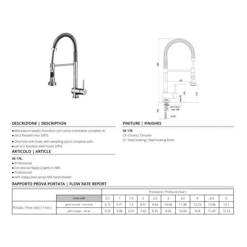 MISCELATORE LAVELLO STICK  PROFESSIONAL A MOLLA PAFFONI CROMO SK176