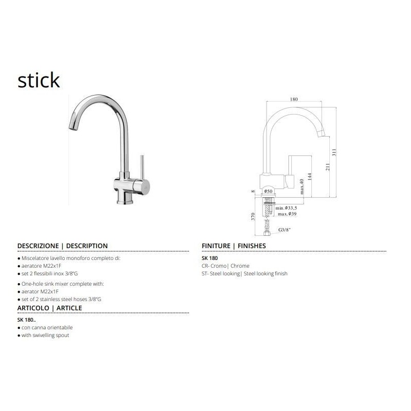 MISCELATORE LAVELLO STICK  PAFFONI CROMO SK180