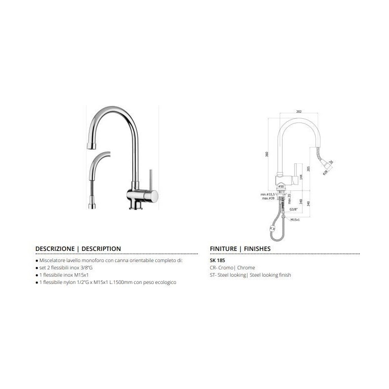 MISCELATORE LAVELLO STICK  DOCCIETTA ESTRAIBILE PAFFONI CROMO SK185