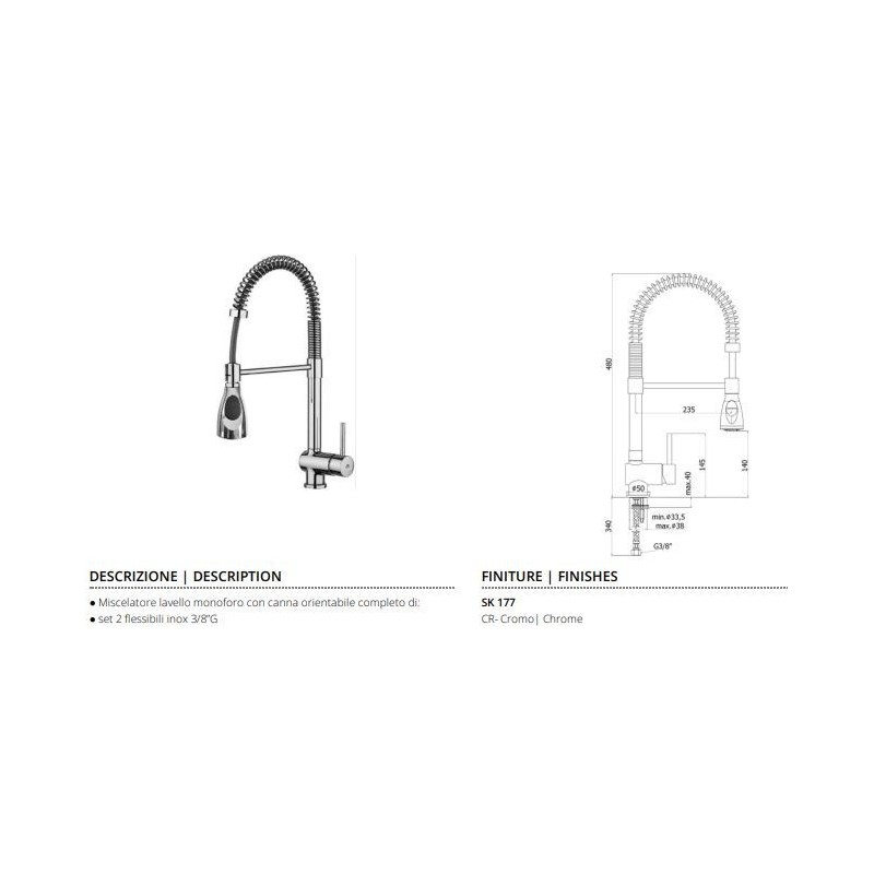 MISCELATORE LAVELLO STICK  PROFESSIONAL A MOLLA PAFFONI CROMO SK177