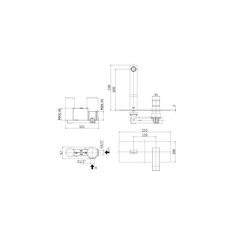 MISCELATORE INCASSO LAVABO CON PIASTRA IN ACCIAIO INOX 250X100  LEVE  PAFFONI CON BOCCA 240 MM CROMO LES106CR
