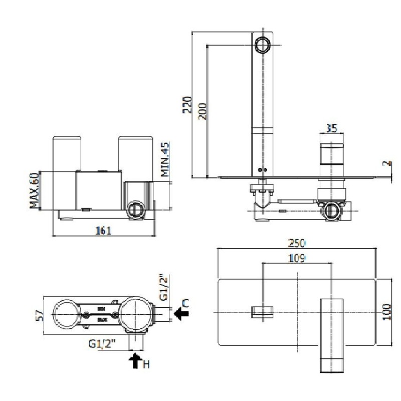 MISCELATORE LAVABO INCASSO LEVEL  PAFFONI CROMO LES106CR COMPLETO DI PIASTRA ACCIAIO INOX 250 X 100 BOCCA CM. 24