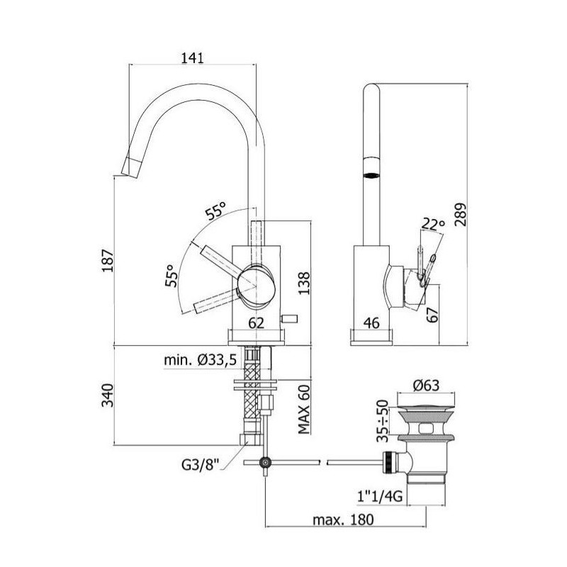 MISCELATORE LAVABO  BERRY PAFFONI CON CANNA ORIENTABILE SCARICO AUTOMAITO DA 1"1/4 BR077CR