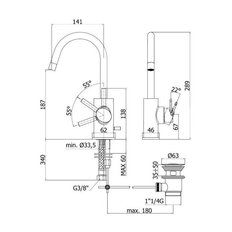 MISCELATORE LAVABO  BERRY PAFFONI CON CANNA ORIENTABILE SCARICO AUTOMAITO DA 1"1/4 BR077CR