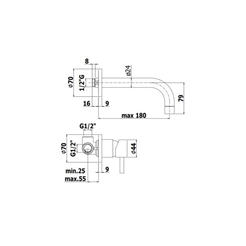 MISCELATORE LAVABO INCASSO BOCCA A MURO MM 245  STICK  PAFFONI CROMO