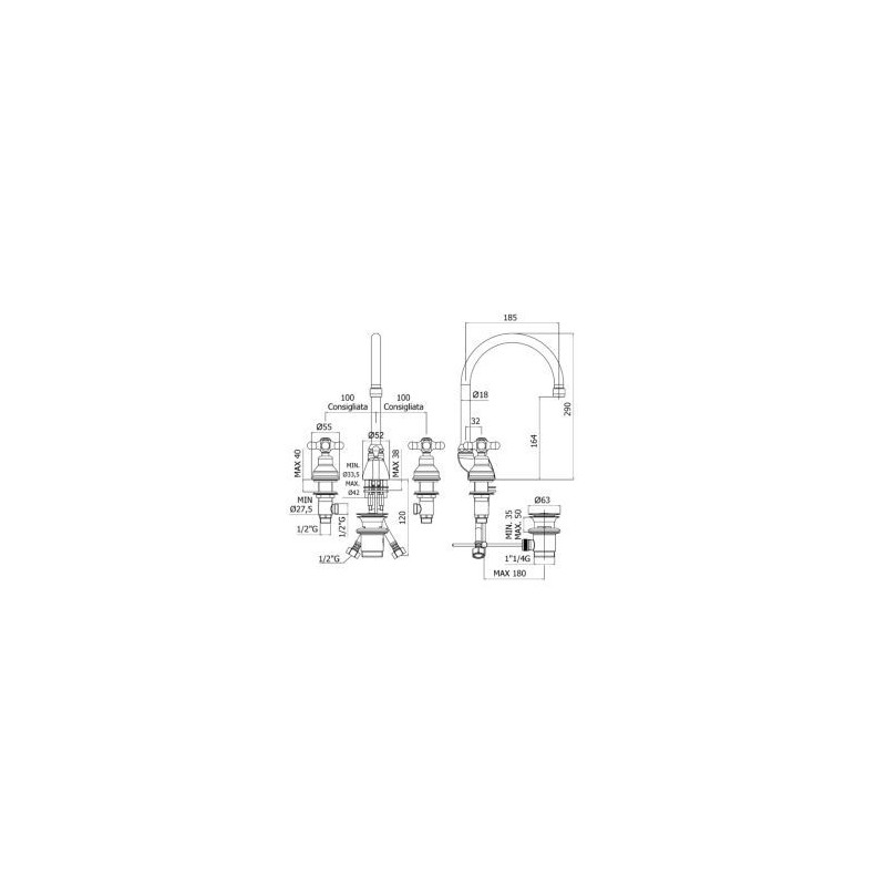 BATTERIA LAVABO  3 FORI S.A.11/4 CANNA ALTA SNODATA PAFFONI IRIS  CERAM.IRV 057 CROMO