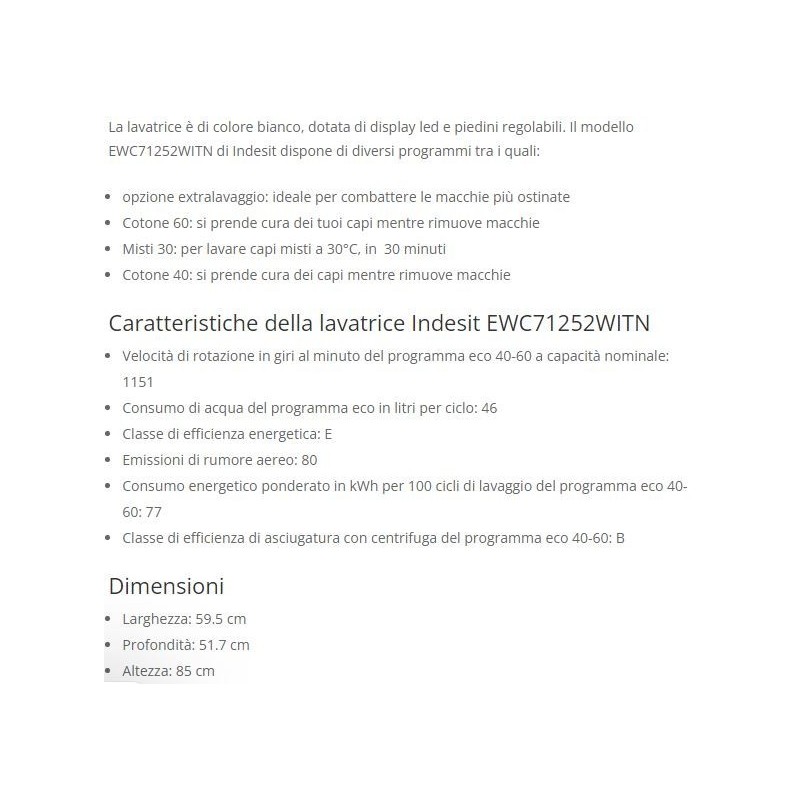LAVATRICE LIBERA INSTALLAZIONE INDESIT EWC71252WITN