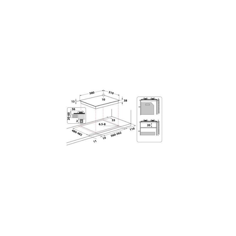Piano Gas Square 60 cm, Griglie smaltate, 4 bruciatori a gas: 1 semirapido da 1650 W, 1 semirapido da 3500 W, 1 Power Burner da 