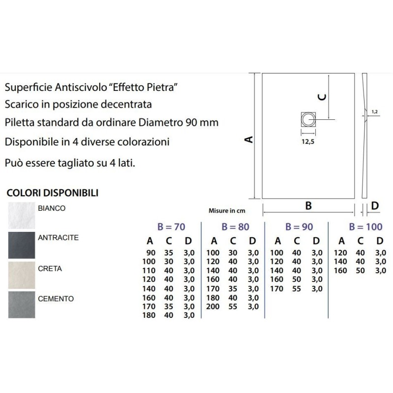 PIATTO DOCCIA  90X120 GEAL COAT SLATE ZENON H 2,5 CON PILETTA E GRIGLIA CROMO