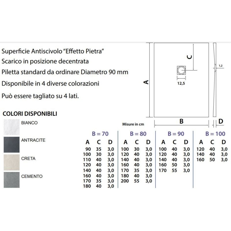 PIATTO DOCCIA 70X90 GEAL COAT SLATE ZENON H 2,5 CON  GRIGLIA CROMO