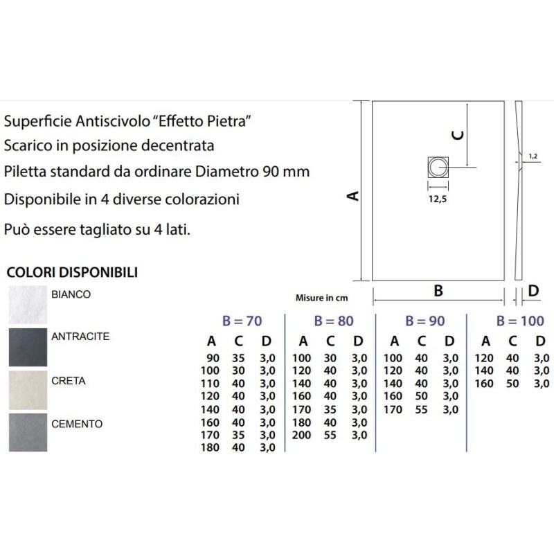 PIATTO DOCCIA 80X140 GEAL COAT SLATE ZENON H 2,8 CON  GRIGLIA CROMO