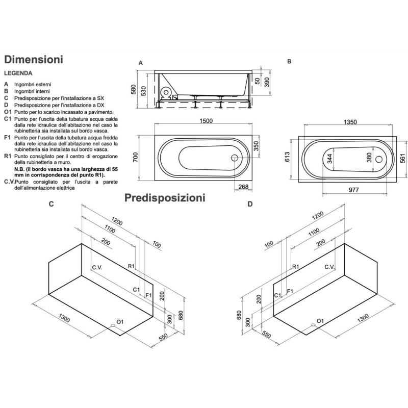 VASCA 150X70 INCASSO ACRILICA