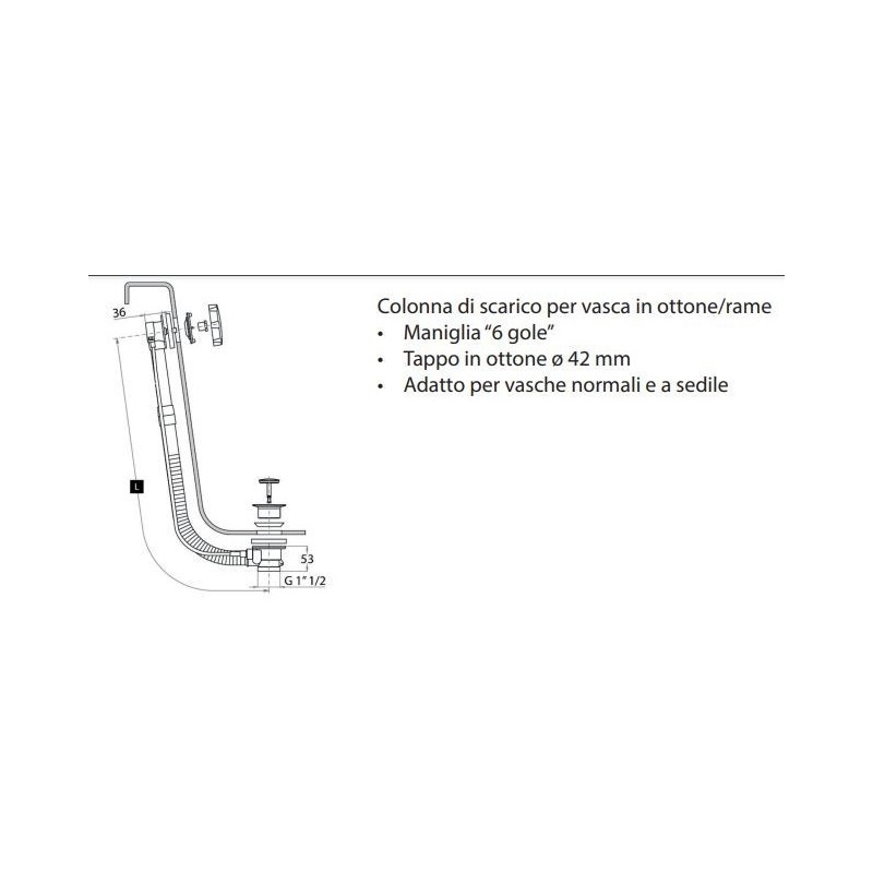 COLONNA DI SCARICO AUTOMATICO IN OTTONE CROMATO PER VASCA CON SEDILE