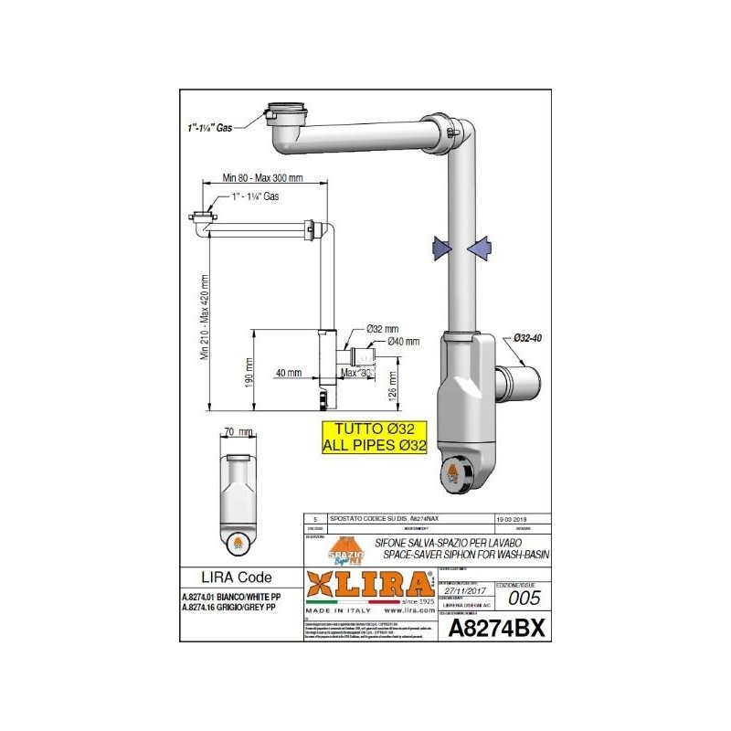 SIFONE SALVASPAZIO X LAVABO CONSOLE 1 1/4X32-40  SERIE LIRA