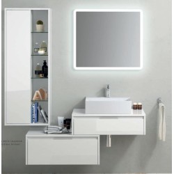 COMPOSIZIONE BASE SOSPESA A CASSETTONE + CASSETTONE LATERALE TREVI  BIANCO CM. 130  CON SPECCHIO RETROILLUMINATO COMPLETO LAVABO