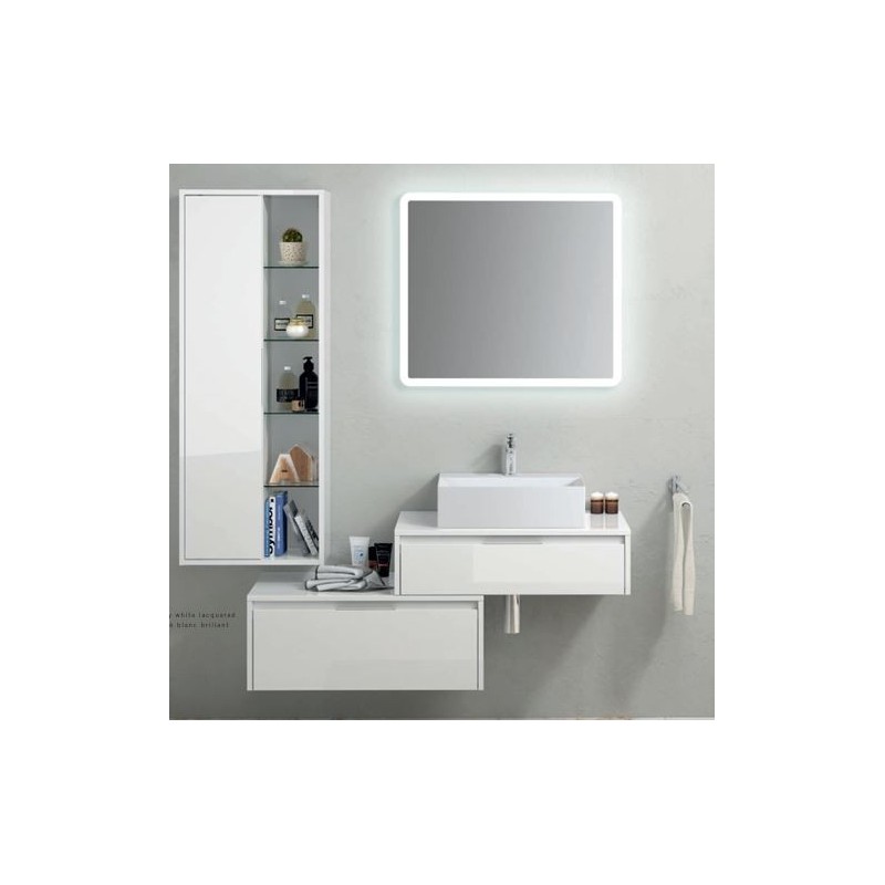 COMPOSIZIONE BASE SOSPESA A CASSETTONE + CASSETTONE LATERALE TREVI  BIANCO CM. 130  CON SPECCHIO RETROILLUMINATO COMPLETO LAVABO
